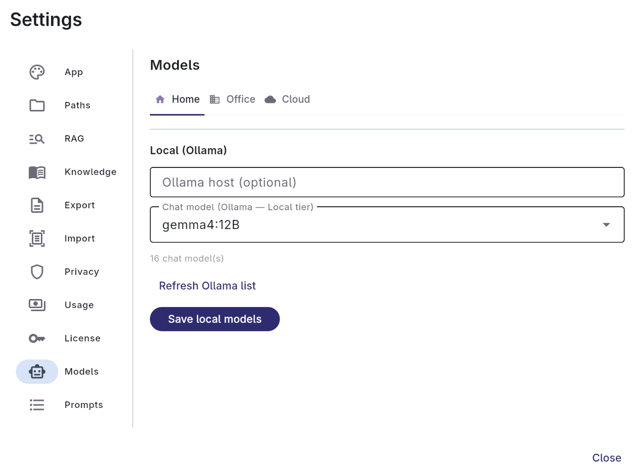 AI provider connection settings