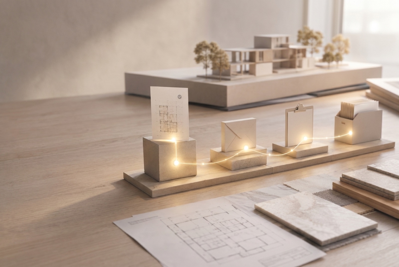 An approved plan triggers email, task and filing automatically, shown as a glowing chain of objects on the desk